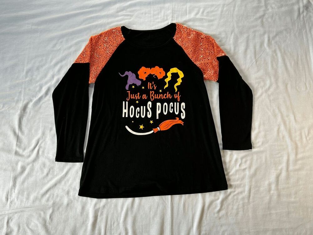 Halloween Hocus Pocus Sequined Long Sleeve Baseball Tee, Size S, Black/Orange